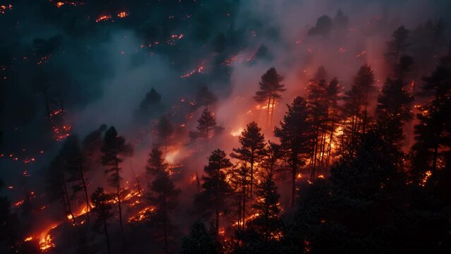 Forest fire in the mountains at night, top view