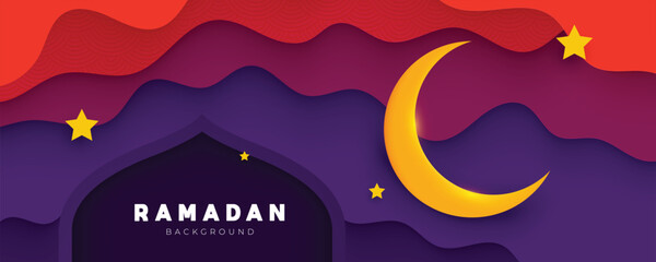 Ramadan Kareem background design with papercut cloud, moon and stars vector ilustration
