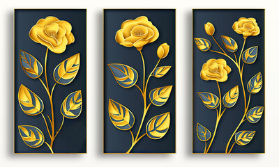 A set of canvases with golden flowers on gray  background.  Metal style.