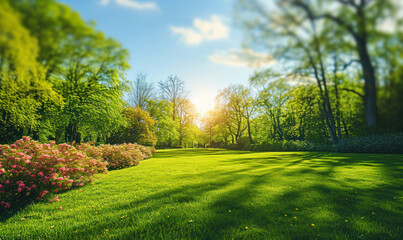 Vibrant spring nature backdrop with a pristine, neatly trimmed lawn and lush trees under a clear blue sky adorned with soft clouds on a sunny day - obrazy, fototapety, plakaty