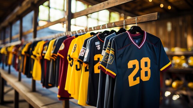 Bright American football jerseys with numbers hanging in a store for sports fans
