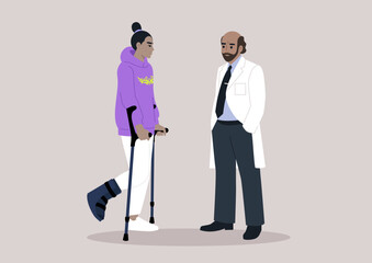 A young character, utilizing crutches and a hard shell boot to support a fractured leg, attends a checkup appointment with a doctor, the ongoing journey of recovery and healing