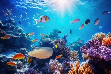Naklejka na ściany i meble Tropical sea underwater fishes on coral reef. Aquarium oceanarium wildlife colorful marine panorama landscape nature snorkel diving, coral reef and fishes