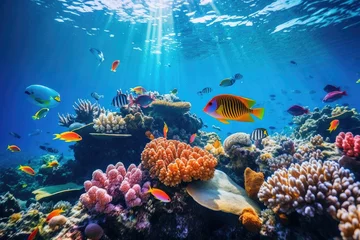 Tuinposter Tropical sea underwater fishes on coral reef. Aquarium oceanarium wildlife colorful marine panorama landscape nature snorkel diving, coral reef and fishes © Nognapas