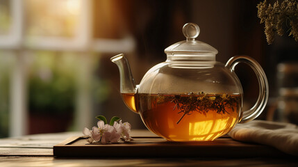 A cup of hot tea with a tea jug