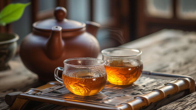 A cup of hot tea with a tea jug