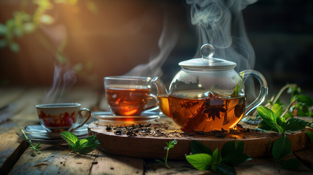 A cup of hot tea with a tea jug