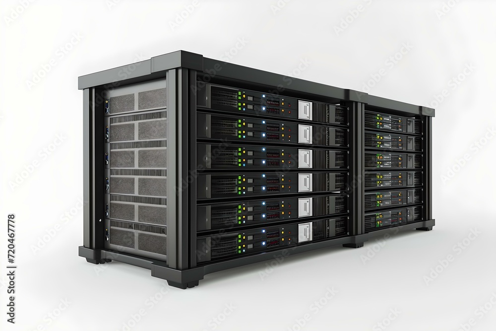 Poster modern data center rack isolated on white. high-performance computing infrastructure. ideal for tech