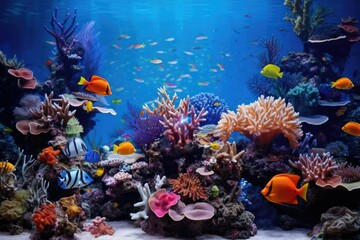 Naklejka na ściany i meble Tropical sea underwater fishes on coral reef. Aquarium oceanarium wildlife colorful marine panorama landscape nature snorkel diving, coral reef and fishes