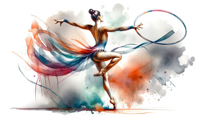 An artistic representation of a rhythmic gymnast in motion, with a hoop, amidst vibrant watercolor splashes. Sports concept. AI generated. - obrazy, fototapety, plakaty