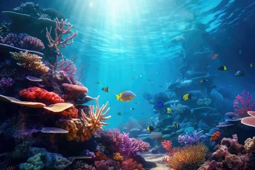 Gordijnen Tropical sea underwater fishes on coral reef. Aquarium oceanarium wildlife colorful marine panorama landscape nature snorkel diving, coral reef and fishes © Nognapas