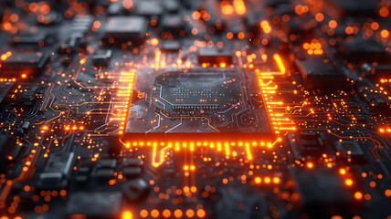 Artificial intelligence glowing micro chip concept attached to futuristic digital circuit board background Genarated by ai.