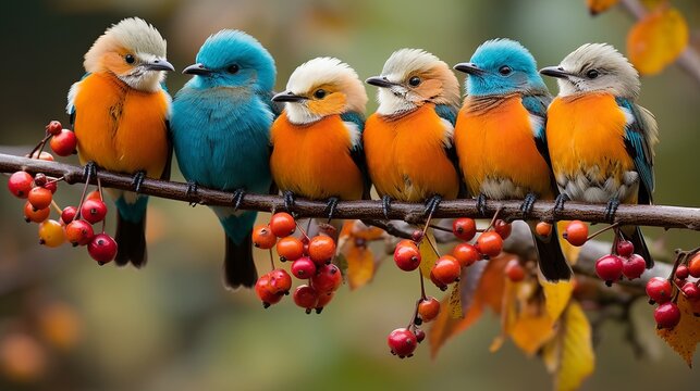 Captivating scene of vibrant exotic birds perched majestically on lush tropical tree branches