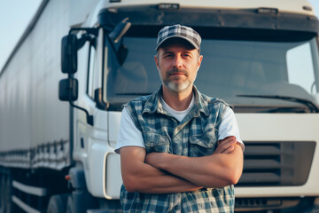Happy truck driver posing confidently in front of his truck, making eye contact with the camera. The image exudes confidence and satisfaction in the profession.