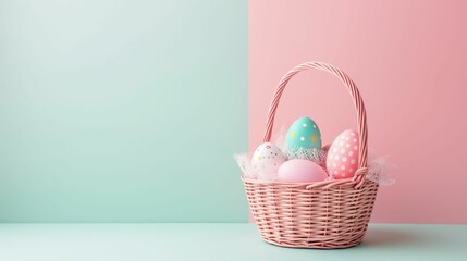 Fototapeta na wymiar Easter Basket with Eggs on a Solid Pastel Background: Creating a Sleek and Modern Easter Scene