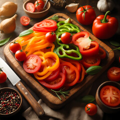 Bell peppers and tomatoes sliced on a cutting board