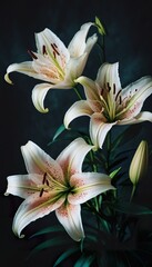 Delicate lily blossoms unfold their graceful petals against a dreamy pastel backdrop, inviting serenity and contemplation. Empty space surrounds them, echoing the flower's quiet elegance.