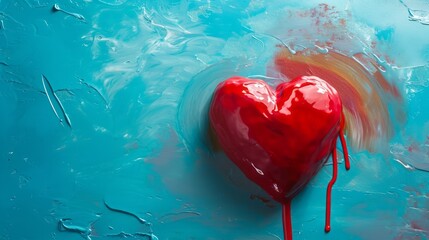 A red heart melting on a blue pastel background.  concept of Valentine's Day or love. Symbol of melting love.