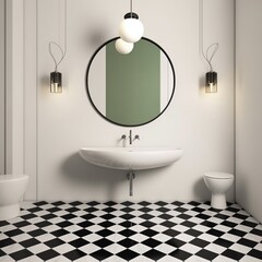 Minimal bathroom with black and white checkered floor. Generative AI