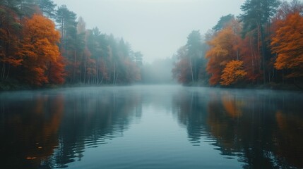 Misty Autumn Morning by the Lake: Tranquil Nature Scene - obrazy, fototapety, plakaty