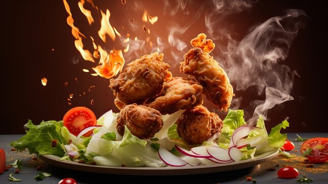 Delicious crispy fried chicken with flying spices on a red background.