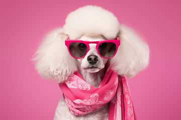 Fashionable Poodle with Pink Sunglasses and Scarf