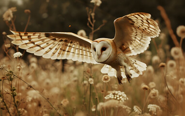 Obraz premium a barn owl flies over tall grass with its wings spread,