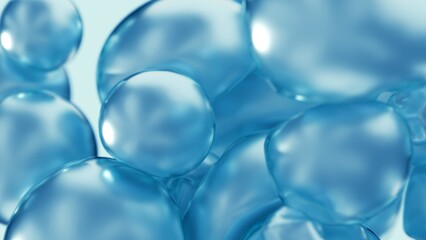 Blue cosmetic serum liquid bubbles macro close-up background. Concept moisturizer essence gel and collagen fluid bubble molecules. Glossy oil droplets 3D illustration product demo backdrop wallpaper.