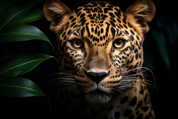 Leopard portrait. Dramatic cinematic lighting, photorealistic images.