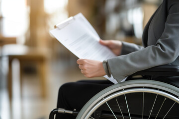 Happy businesswoman in a wheelchair reviewing reports, collaborating with a female coworker in the office. The image showcases inclusivity and professional teamwork.