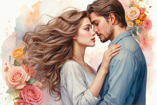 Painting style image with beautiful man and woman in love looking into each other's eyes surrounded by flowers in clear pastel colors. Romantic illustration perfect for Valentine's Day.