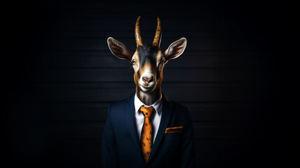 Humorous and sophisticated goat in a tailored suit and tie, presents a fun professional outfit. AI generated. - obrazy, fototapety, plakaty