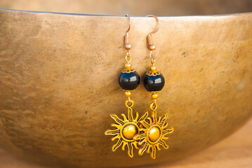 Black agate eaarrings with gold sun. Handmade jewelry.