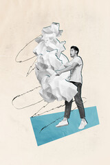 Vertical creative absurd picture collage photo with young male carry piece of crumpled paper...