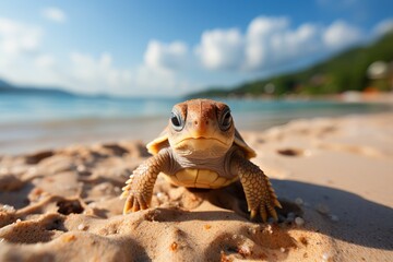 Sea turtle rests on a sandy beach against the backdrop of a beautiful blue ocean.