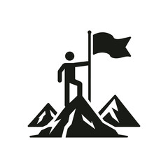Victorious person standing on a mountaintop holding a flag icon