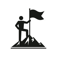 Victorious person standing on a mountaintop holding a flag icon