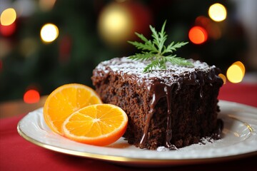Fototapeta na wymiar Delicious cocoa gingerbread cake with marmalade and chocolate topping, a mouthwatering treat
