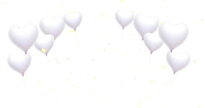 Animated background material of white heart-shaped balloons and confetti (white background). Celebrations, birthdays, Valentine's Day,  weddings, 