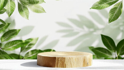 Natural round wooden stand for product photography presentation on white background with green leaves and shadows. Mock up 3d empty podium with green leaves for organic cosmetic product. Copy space.