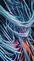 Abstract image of twisted wires on dark background - tangle of cables 3D image, cable cores, steel cable, vertical image layout