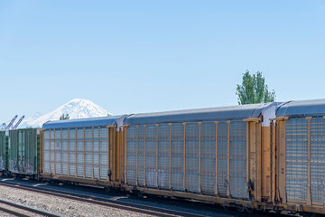 View of autorack cars on train tracks near Seattle, WA, USA with the now topped Mt Rainier in the...