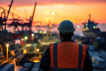 Sea or ocean port ships and containers at sunset with backview of an engineer worker wearing orange safety vest and hard hat