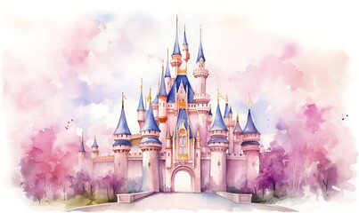 watercolor of castle, use pastel colors, clipart, white cream background. Generative Ai


