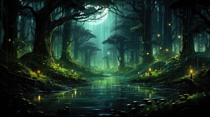 Enchanting night scene of a magical forest with fireflies creating a whimsical glow among the trees