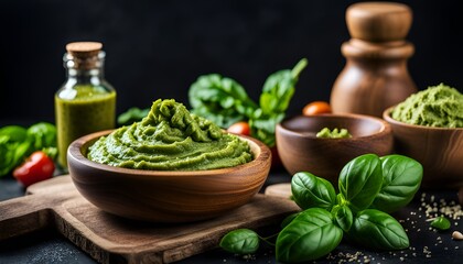 Homemade pesto sauce in a wooden bowl and ingredients for cooking on a black background close-up. Italian food.
