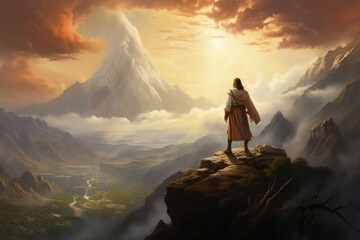 Jesus Christ on the mountain, Back view of Jesus Christ standing on the mountain in heaven. Concept...