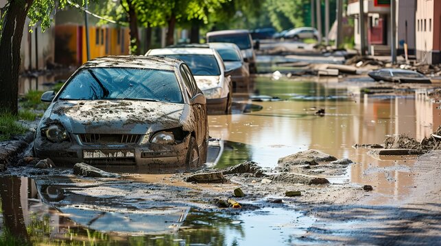 Natural Disaster Aftermath, Flooded Cars in Urban Streets