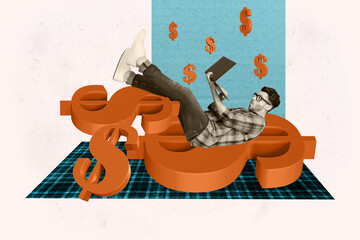 Horizontal funny surreal promo collage photo of excited young man laying on giant dollar sign hold laptop work online freelance rich