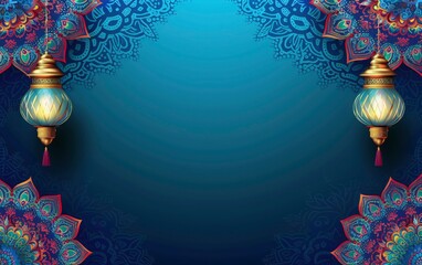 eid mubarak colorful greeting background, blue paper and colorful mandala with ramadam lantarn 